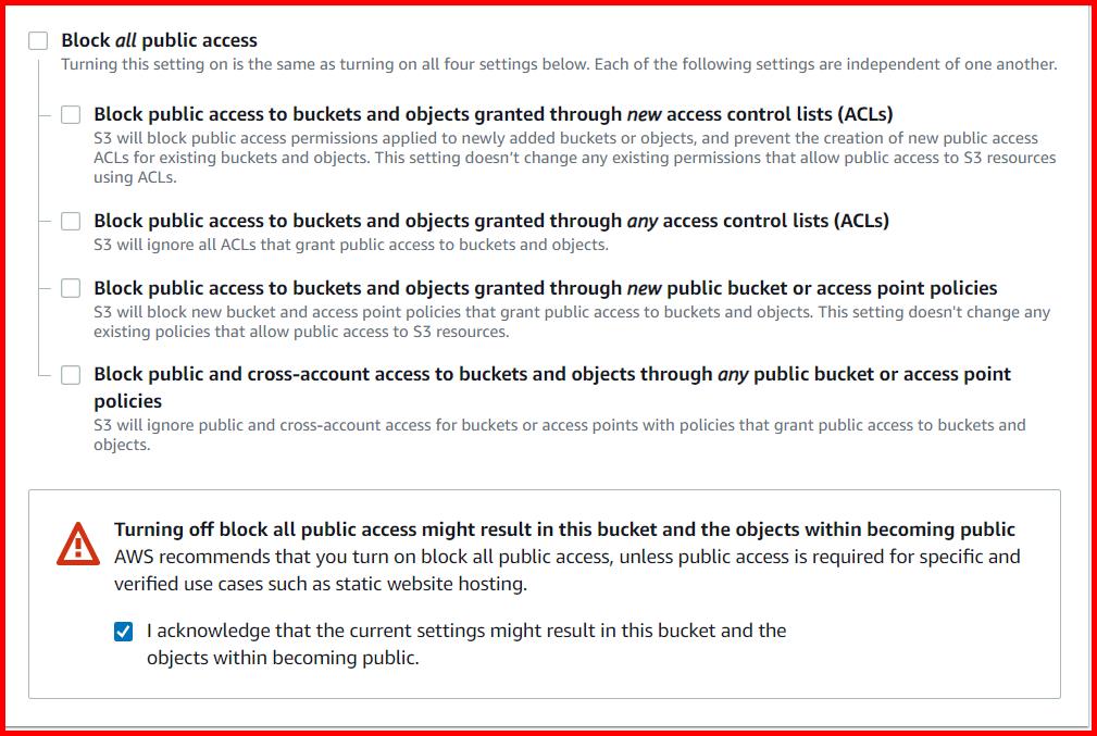 Picture showing unchecking the checkbox - Block all public access to make the bucket public